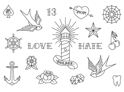 Traditional Stencils | Ready-to-use Pre-Printed Handpoke Tattoo Transfers